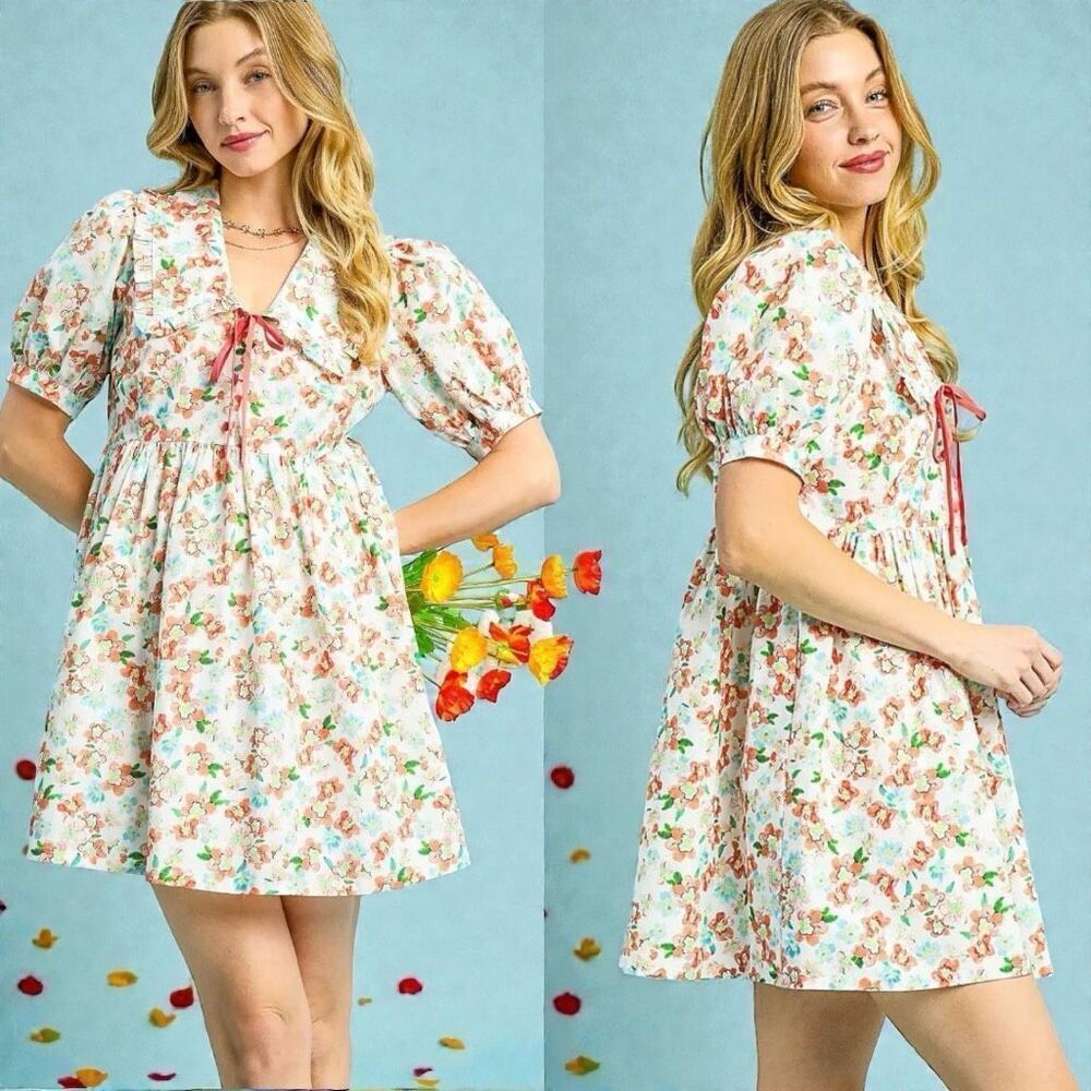 Floral Print Puff Sleeve Tie Front Mini Dress NWT  | Umgee